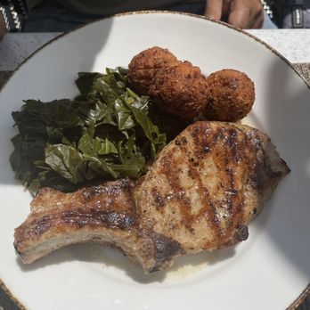 The Lost Fox - Bone-in Pork Chop with kale and hush puppies.  It was ok. - New American Near Me - Ashburn, Virginia
