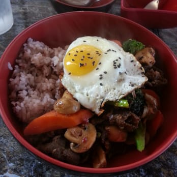 Koriente - Spicy beef Obake Bowl topped with fried egg - Asian Fusion Near Me - Austin, Texas Koriente - Spicy beef Obake Bowl topped with fried egg - Asian Fusion Near Me - Austin, Texas