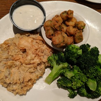 Cotton Patch Cafe - Chicken fried steak with fried okra and fresh broccoli. - American Near Me - Round Rock, Texas