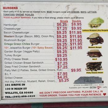 101 Drive-In - Burger menu - Burgers Near Me - Willits, California