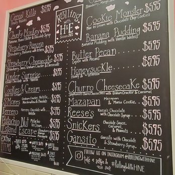 Rolling With H And E - a menu on a chalkboard - Ice Cream & Frozen Yogurt Near Me - Brownsville, Texas