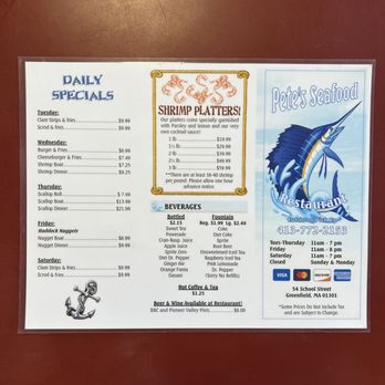 Pete's Seafood Restaurant - Menu daily specials - Seafood Near Me - Greenfield, Massachusetts Pete's Seafood Restaurant - Menu daily specials - Seafood Near Me - Greenfield, Massachusetts