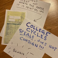 College Cycles Bike Shop - Your consignment ticket means nothing. Beware.