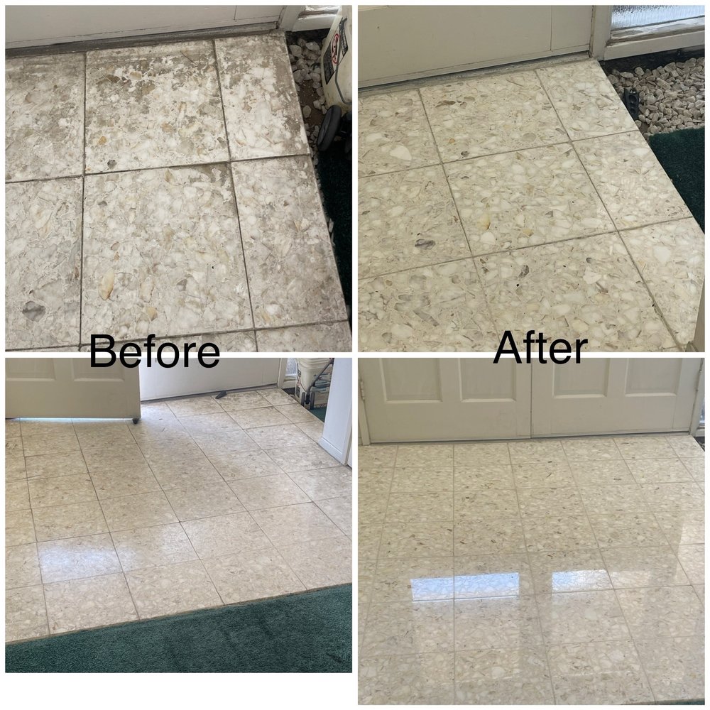 Terrazzo floor. Before: stained, dull. After: clean, shiny. Love it! Terrazzo floor. Before: stained, dull. After: clean, shiny. Love it!