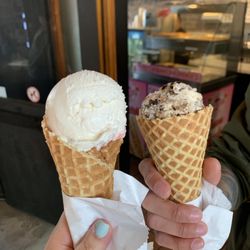 Big Rock Sweet Shop - Left: strawberry cheesecake on a waffle cone  Right: Cookies and Cream on a waffle  Both were one scoop