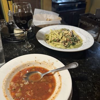 Sunset Pizza & Pasta - Minestrone Soup and the penne pasta with spinach and chicken. - Pizza Near Me - Sunset Beach, California Sunset Pizza & Pasta - Minestrone Soup and the penne pasta with spinach and chicken. - Pizza Near Me - Sunset Beach, California