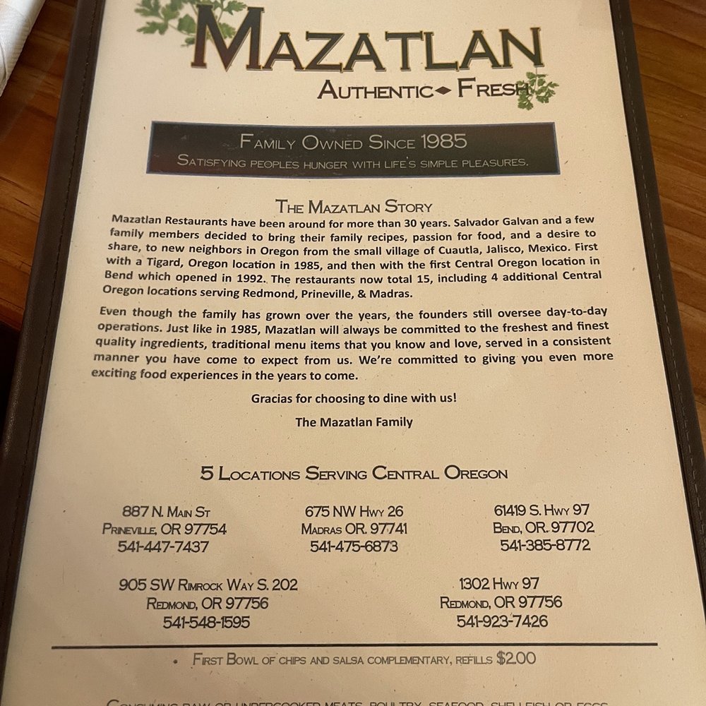 Mazatlan Mexican Restaurant - menu - Mexican Near Me - Redmond, Oregon