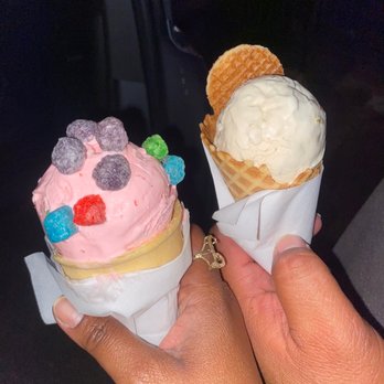 Novel Ice Cream - Strawberry w/crunch berries on cake cone. Butter Pecan on waffle cone w/ their signature stroopwafle!!! - Desserts Near Me - Phoenix, Arizona