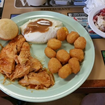 Wright's Restaurant - BBQ Chicken, mashed potatoes, corn fritters and cherry dump. - Southern Near Me - Tuscaloosa, Alabama