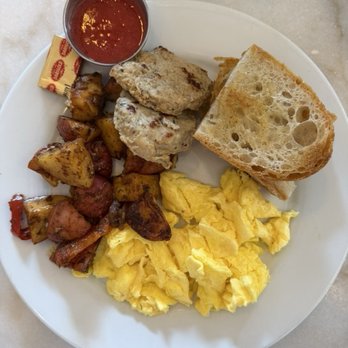 Immigrant Son Caffe - caffe breakfast: 2 eggs, chicken sausage + potatoes = $18 - New American Near Me - Ventura, California