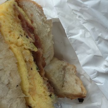 The Bagelry - It's supposed to be a delicious breakfast sandwich with egg and cheddar and bacon, but I am pretty sure cardboard would taste better. - Bagels Near Me - Soquel, California