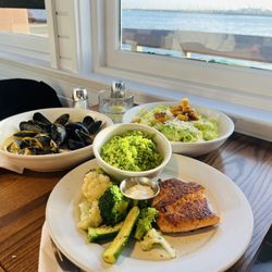 Moby Dick Restaurant - Salmon w veg & cilantro rice, mussels, & Caesar salad