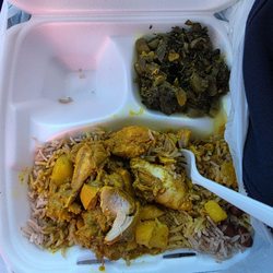 Caribbean Island Cafe - Yellow curry chicken with rice and greens.