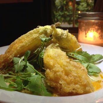 Big Bear Cafe - Squash Blossoms stuffed with herbed Quark and Orange Aleppo chili marmalade. - Cafes Near Me - Washington, DC, District of Columbia Big Bear Cafe - Squash Blossoms stuffed with herbed Quark and Orange Aleppo chili marmalade. - Cafes Near Me - Washington, DC, District of Columbia