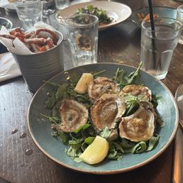 Smoked oysters and sweet potato fries
