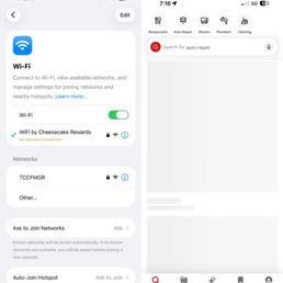 One bar of AT&T signal and no internet when connected to Cheesecake Factory WiFi. One bar of AT&T signal and no internet when connected to Cheesecake Factory WiFi.