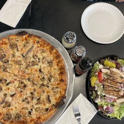 Mushroom & anchovy pizza  Greek salad with chicken
