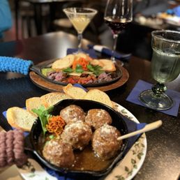 Elk bruschetta, elk meatballs, Lemontinis and the best Old-fashioned around
