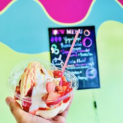 Pineapple Dole with pound cake and strawberries, cherries, vanilla wafers, graham crumble, marshmallow cream, and all fruit drizzles.