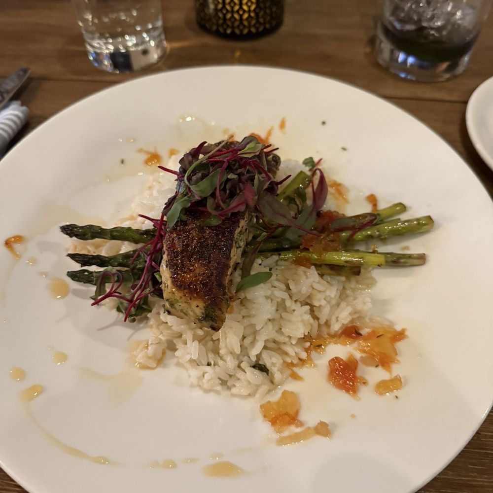 Epazote Kitchen & Cocktails - Salmon dish (gluten free if you swap out the barley! Herb seared Salmon, grilled asparagus and citrus rice with a grapefruit chutney - New American Near Me - Tucson, Arizona Epazote Kitchen & Cocktails - Salmon dish (gluten free if you swap out the barley! Herb seared Salmon, grilled asparagus and citrus rice with a grapefruit chutney - New American Near Me - Tucson, Arizona