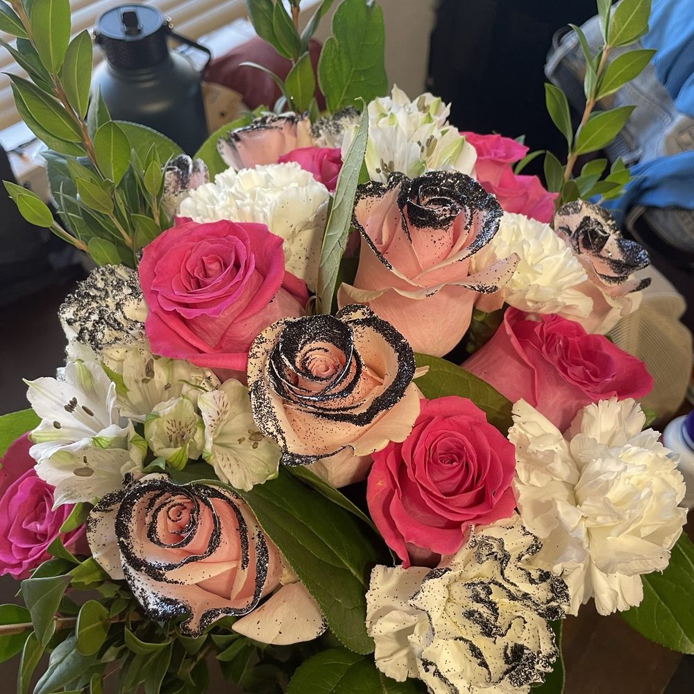 Custom pink/white bouquet with black glitter