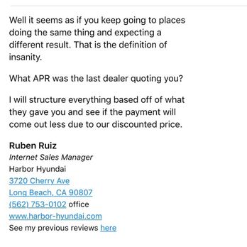 Harbor Hyundai - Unprofessional response .   I'm very insulted . - Car Dealers Near Me - Long Beach, California