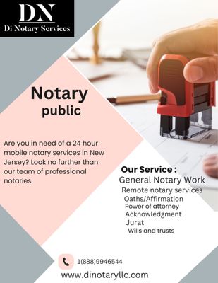 General Notary services at your convenience. - Di Notary LLC - Provides mobile notary services in the state of New Jersey, serving the community with all their Notarial Services; Acknowledges, Affidavits, Verification on Oaths, Signature Witnessing, Witnessing-a safe deposit box opening, Jurat,  i9 notarization. 
Give us a call for a free consultation.