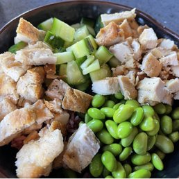 Multigrain rice, with extra chicken, cucumber and edamame. Multigrain rice, with extra chicken, cucumber and edamame.