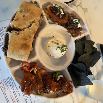 Oak & Ember - Chef's table appetizer: loaded potato dip, wings, potato skins, brisket sliders - Halal Near Me - Ontario, California