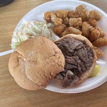 Beefy King - Roast Beef sandwich with tater tots, dill pickle, and Cole slaw - Fast Food Near Me - Orlando, Florida