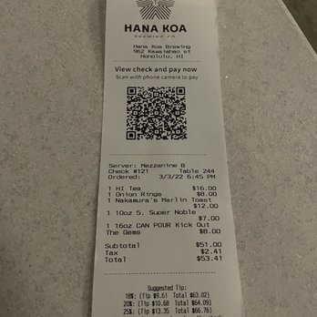 Hana Koa Brewing - The bill for our meal - Breweries Near Me - Honolulu, Hawaii Hana Koa Brewing - The bill for our meal - Breweries Near Me - Honolulu, Hawaii