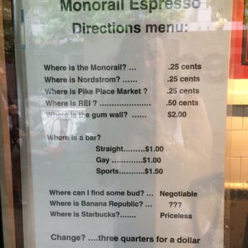 Monorail Espresso - And a sense of humor to boot! - Coffee & Tea Near Me - Seattle, Washington Monorail Espresso - And a sense of humor to boot! - Coffee & Tea Near Me - Seattle, Washington