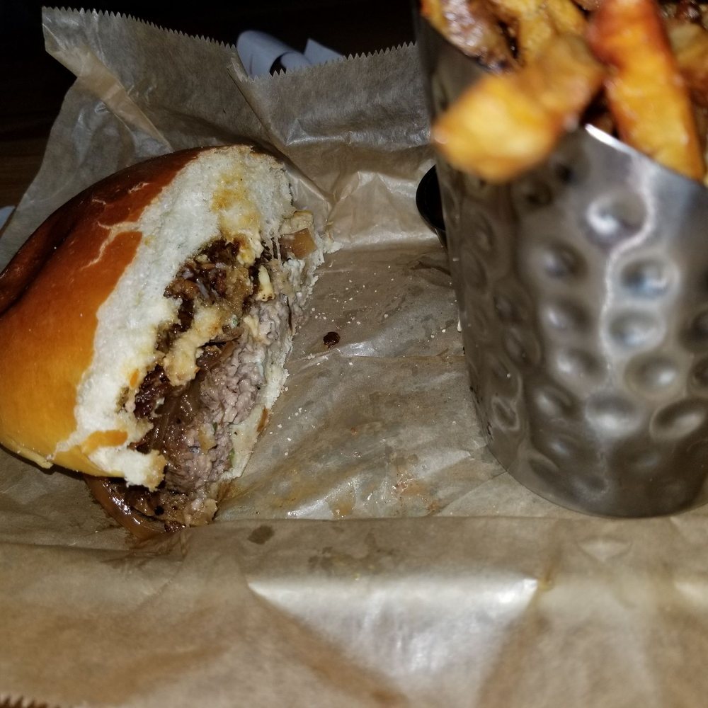 Syracuse Hops Spot - Half of the Blue Ribbon Burger with Fries - American Near Me - Syracuse, New York Syracuse Hops Spot - Half of the Blue Ribbon Burger with Fries - American Near Me - Syracuse, New York