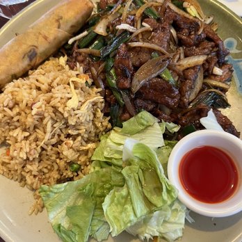 Bambu Garden - Mongolian Beef lunch special $13-  rice is bland but Mongolian Beef is flavorful & good. Comes with a cabbage filled egg roll. - Chinese Near Me - Roseville, California