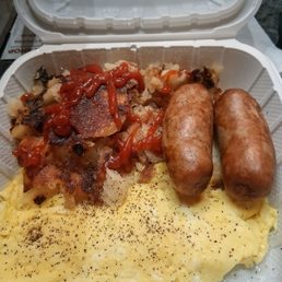 Pork Sausage, Scrambled eggs and home fries Pork Sausage, Scrambled eggs and home fries