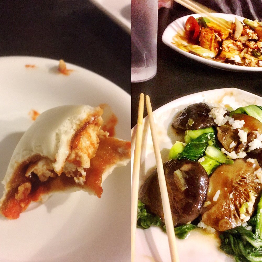Han Noodle Bar - Left = spicy crispy tofu steamed bun. Top right = garlic tofu with vegetables + Left = shiitakes & veg - Chinese Near Me - Rochester, New York Han Noodle Bar - Left = spicy crispy tofu steamed bun. Top right = garlic tofu with vegetables + Left = shiitakes & veg - Chinese Near Me - Rochester, New York