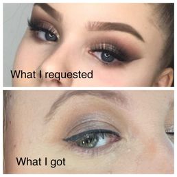 The dark eye makeup I requested versus the eye makeup got. Full disclosure, I didn't want false eyelashes. The dark eye makeup I requested versus the eye makeup got. Full disclosure, I didn't want false eyelashes.