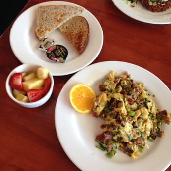 Hugo's - Papa's Eggs (eggs scrambled with bacon, turkey sausage, scallions and parsley, with fresh fruit) - Breakfast & Brunch Near Me - Studio City, California