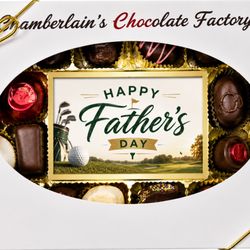 Chamberlain's Chocolate Factory - Chocolate Assortment with Happy Father's Day on chocolate bar, and assorted chocolates