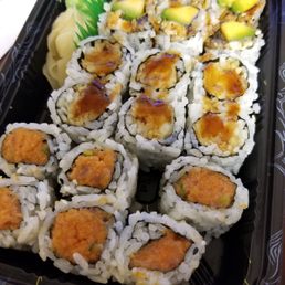 Spicy tuna roll; shrimp tempura roll; eel avocado roll Spicy tuna roll; shrimp tempura roll; eel avocado roll