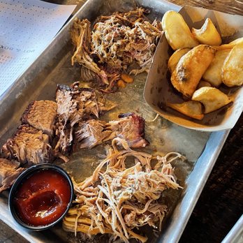 Big Bore Barbecue - A tray of meat! Pulled chicken, pulled pork, beef brisket, and a small order of fries - Barbeque Near Me - Hanover, Minnesota