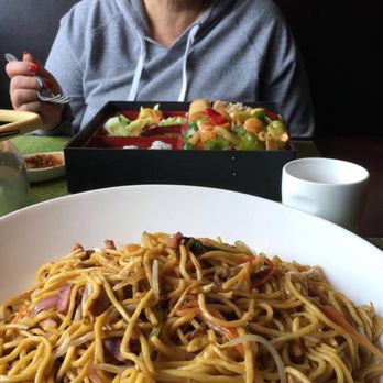 Jade Bistro - My mother got a bento box with garlic sauce shrimp & vegetables and I got roasted pork lo mein, my go-to meal here. - Asian Fusion Near Me - Scotia, New York