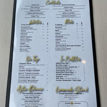 Char & Lemon - Drink menu - Italian Near Me - Oxford, Connecticut Char & Lemon - Drink menu - Italian Near Me - Oxford, Connecticut