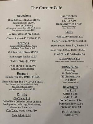 Menu photo 1 The Corner Cafe & Saloon Weesatche, TX Menu photo 1 The Corner Cafe & Saloon Weesatche, TX