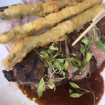 Aurora At The Celeste - Fried asparagus, mashed potatoes from Peru, medium rare NY Steak - American Near Me - Orlando, Florida Aurora At The Celeste - Fried asparagus, mashed potatoes from Peru, medium rare NY Steak - American Near Me - Orlando, Florida