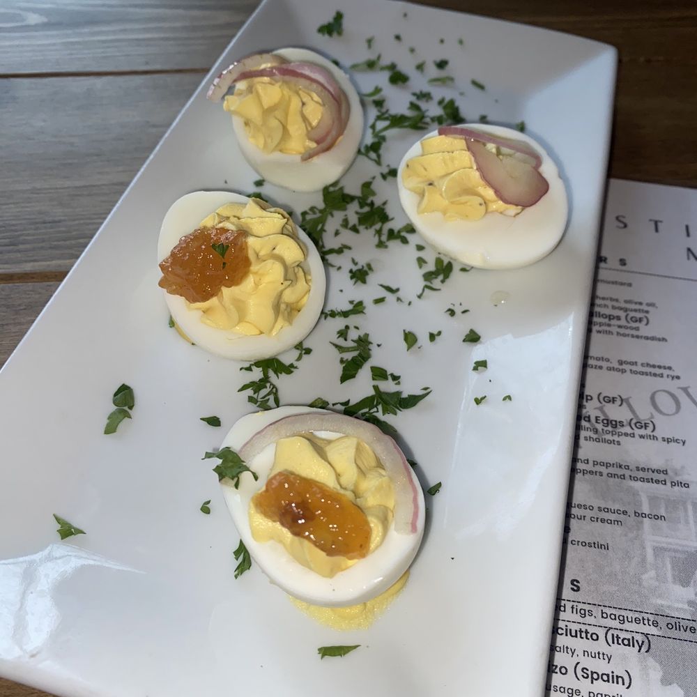 Willow Creek Winery - Deviled eggs with pickled shallots and spicy bacon jam - Wineries Near Me - West Cape May, New Jersey Willow Creek Winery - Deviled eggs with pickled shallots and spicy bacon jam - Wineries Near Me - West Cape May, New Jersey