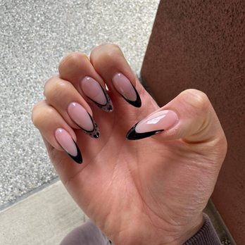 Lovely Nails - Black french tip nails with heart design - Nail Salons Near Me - Tustin, California Lovely Nails - Black french tip nails with heart design - Nail Salons Near Me - Tustin, California