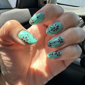 Tulip Nails - Turquoise nails w/ brown designs. - Nail Salons Near Me - Salinas, California Tulip Nails - Turquoise nails w/ brown designs. - Nail Salons Near Me - Salinas, California