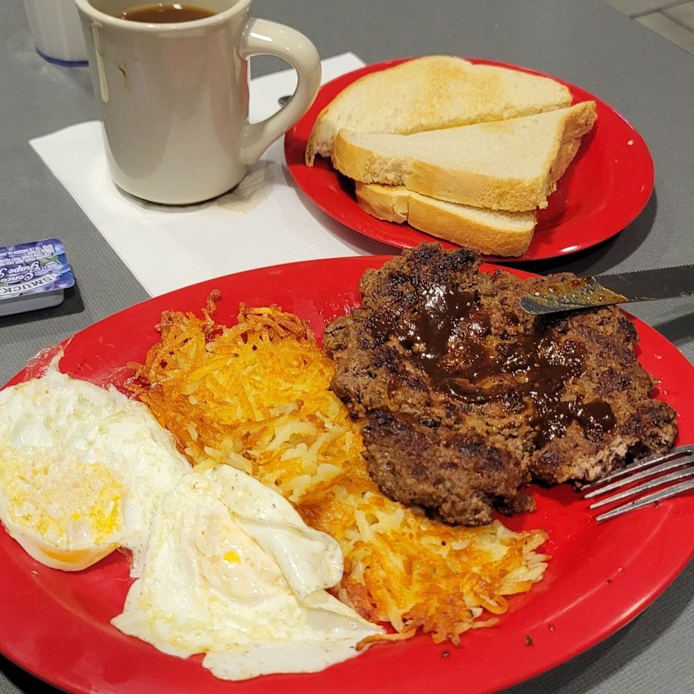 Apple Barrel Restaurant - 12 oz hamburger steak splash A1 breakfast super yummers! Eggs over medium hash brown sourdough toast and cawfee - Breakfast & Brunch Near Me - Harrisonville, Missouri Apple Barrel Restaurant - 12 oz hamburger steak splash A1 breakfast super yummers! Eggs over medium hash brown sourdough toast and cawfee - Breakfast & Brunch Near Me - Harrisonville, Missouri