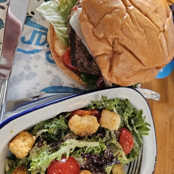 Garbo’s - Lobster cheese burger with side salad - Seafood Near Me - Austin, Texas